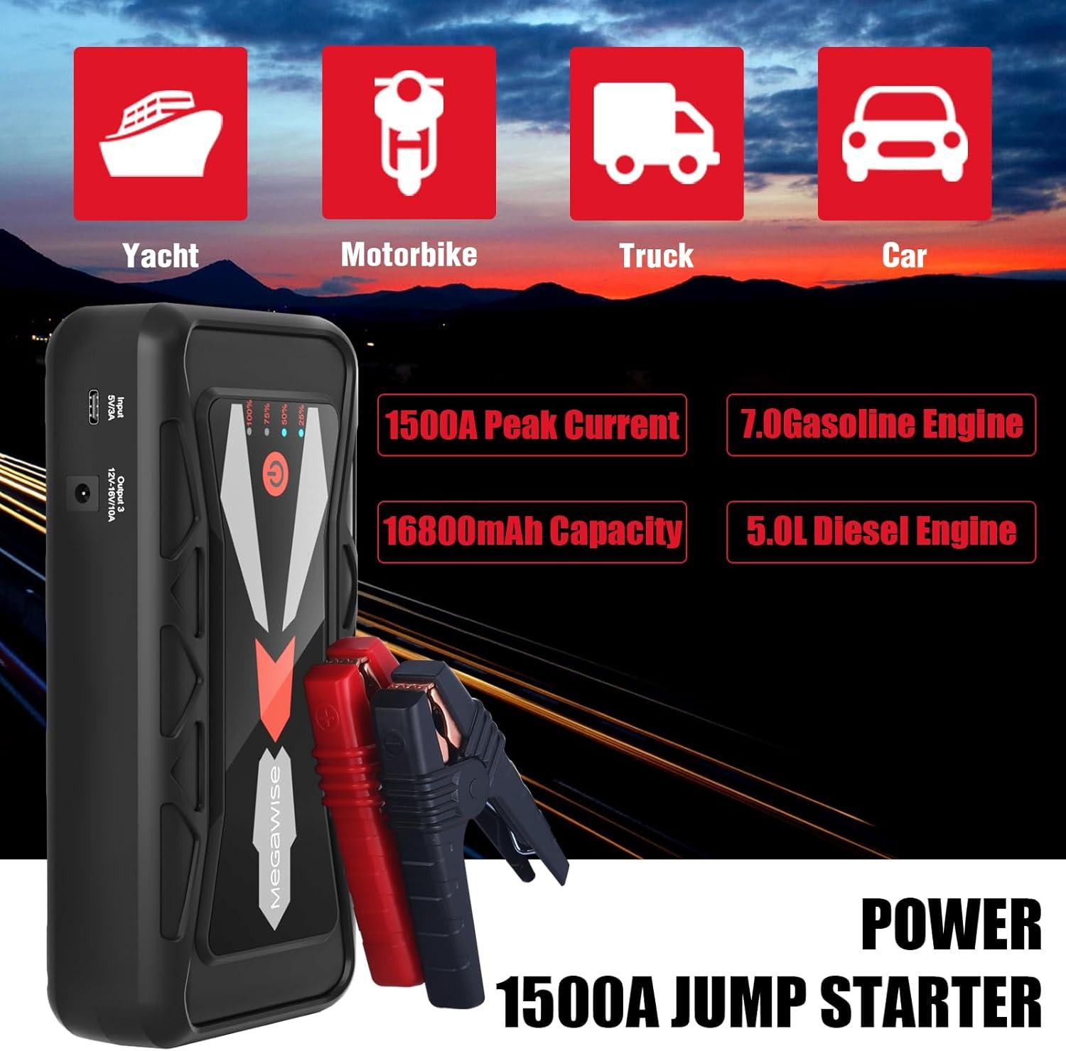 image:imageMEGAWISE 1500A Peak 16800mAh Car Battery Jump Starter Booster up to 7L Gas or 5L Diesel Engines 12V Portable Power with Dual USB Outputs amp Flashlight 2023 Upgraded Extremely Safe