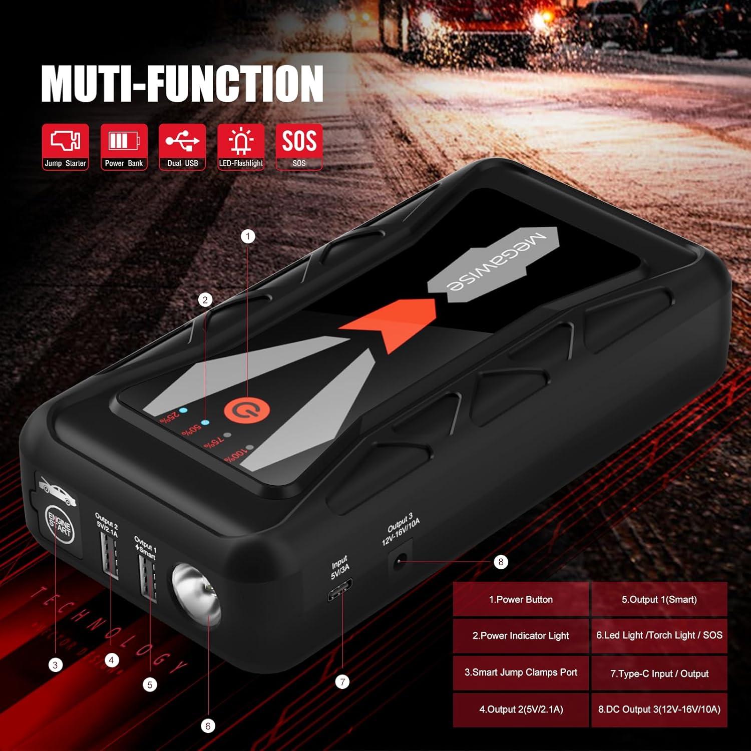 image:imageMEGAWISE 1500A Peak 16800mAh Car Battery Jump Starter Booster up to 7L Gas or 5L Diesel Engines 12V Portable Power with Dual USB Outputs amp Flashlight 2023 Upgraded Extremely Safe