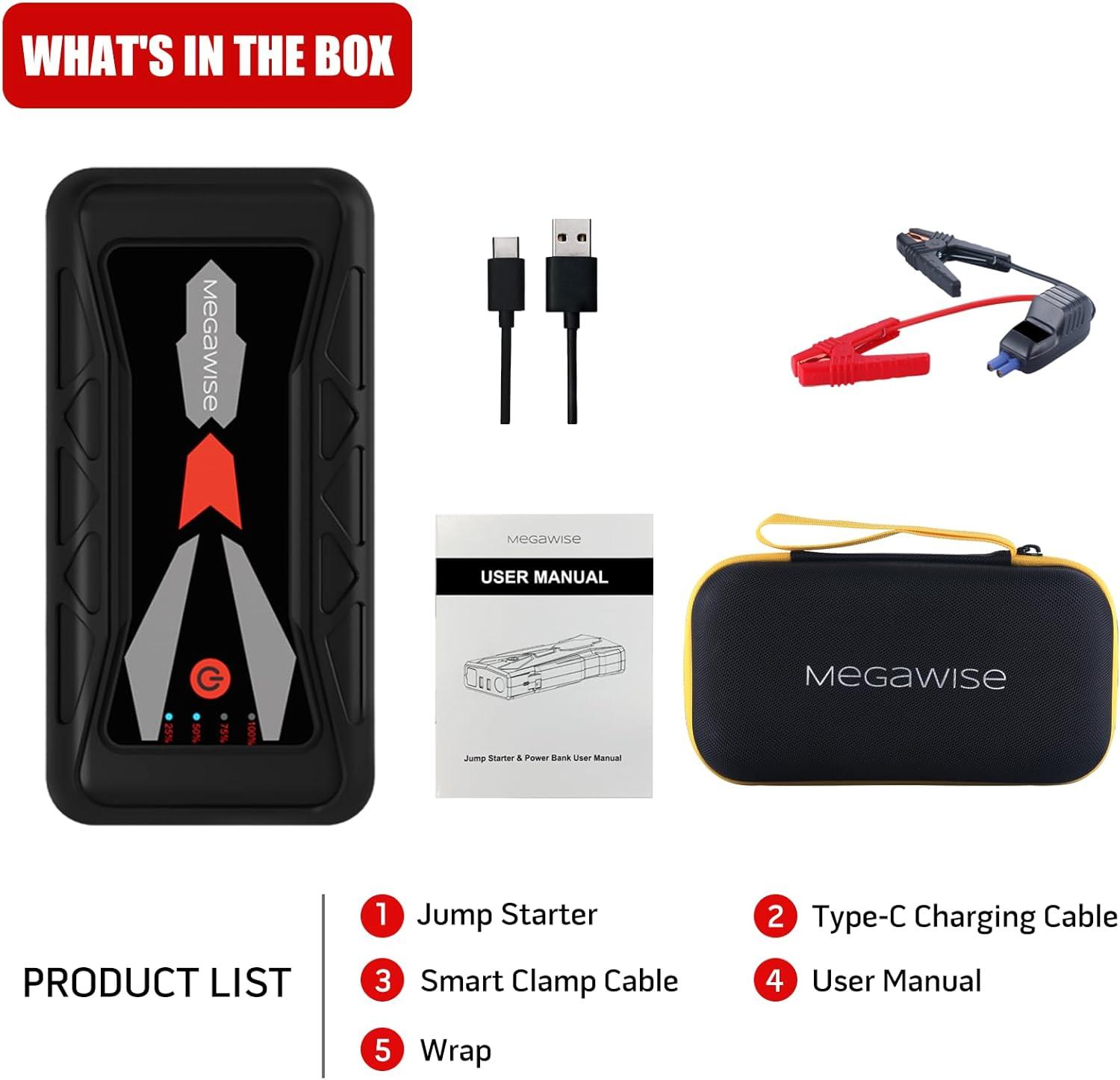 image:imageMEGAWISE 1500A Peak 16800mAh Car Battery Jump Starter Booster up to 7L Gas or 5L Diesel Engines 12V Portable Power with Dual USB Outputs amp Flashlight 2023 Upgraded Extremely Safe