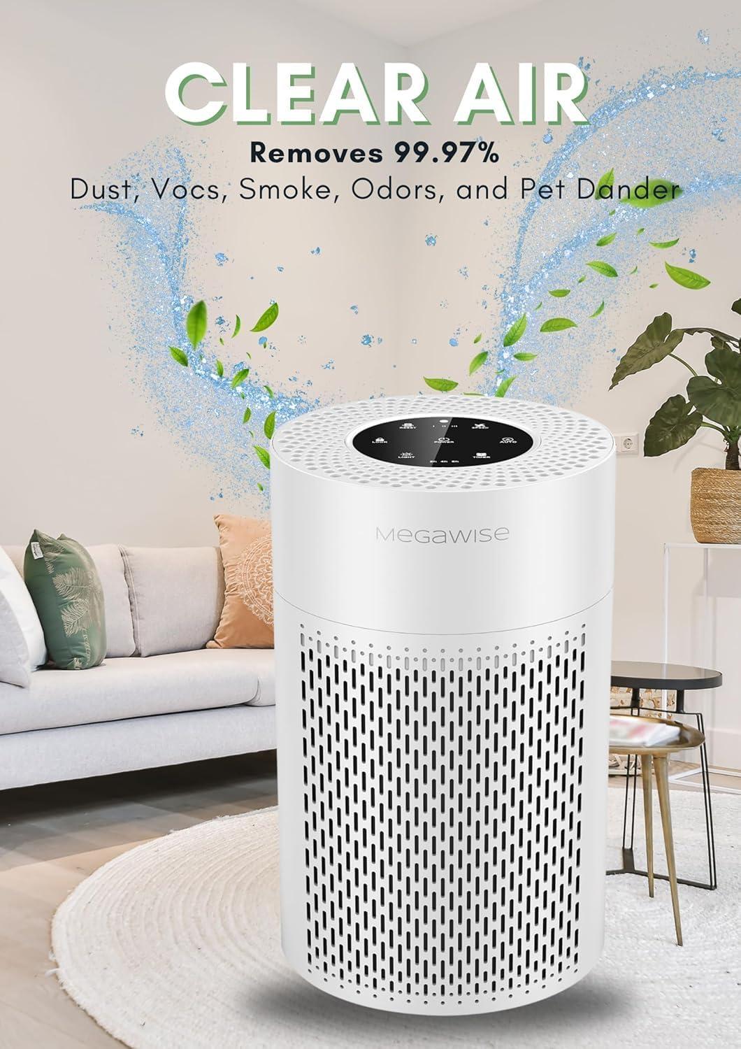 image:imageMEGAWISE 2025 Updated Version Smart Air Purifier for Home Large Room up to 1076ft H13 True HEPA Filter with Smart Air Quality Sensor Sleep Mode Quiet for Smoke Pets Hair Odors WhiteMedium