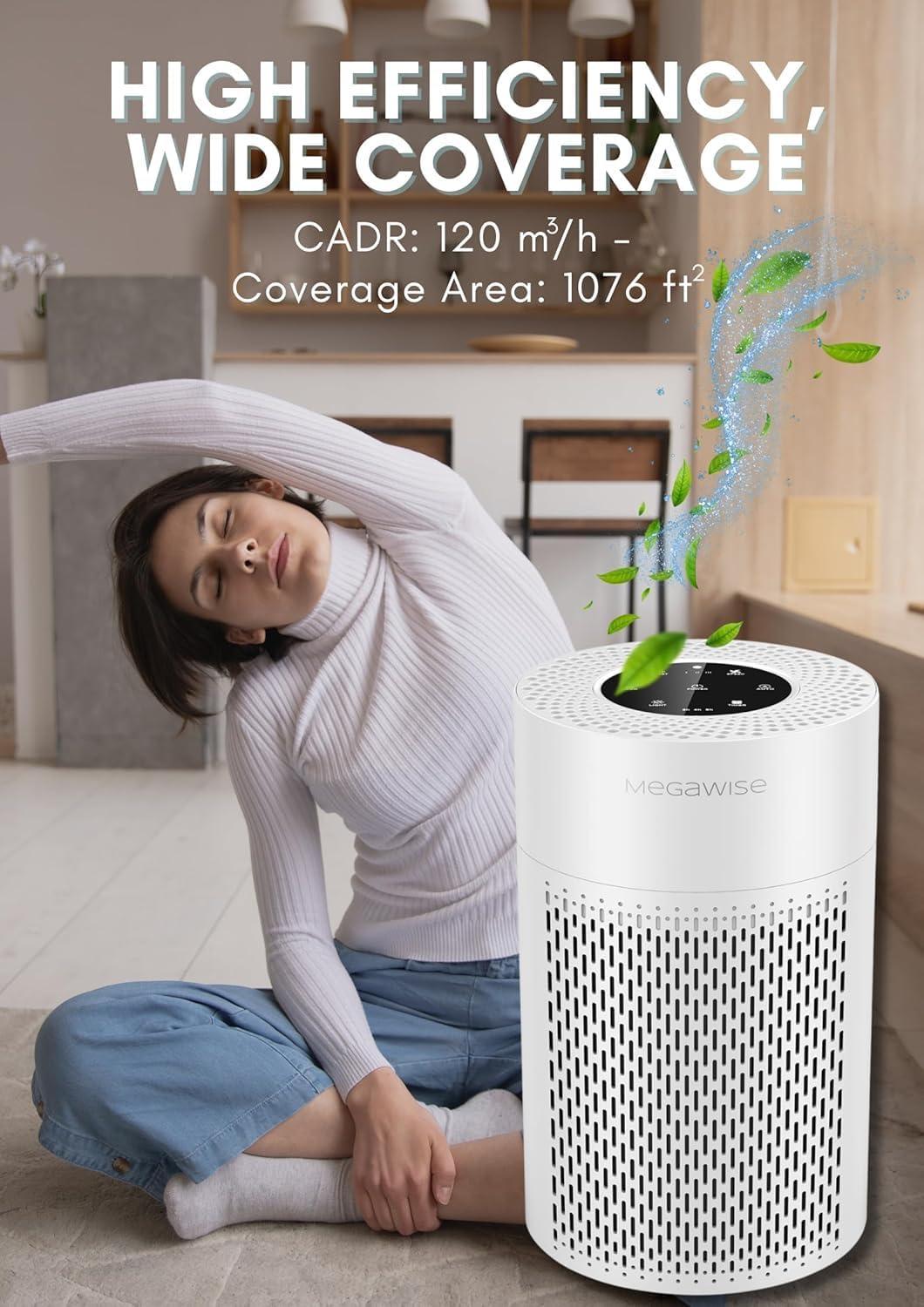 image:imageMEGAWISE 2025 Updated Version Smart Air Purifier for Home Large Room up to 1076ft H13 True HEPA Filter with Smart Air Quality Sensor Sleep Mode Quiet for Smoke Pets Hair Odors WhiteMedium