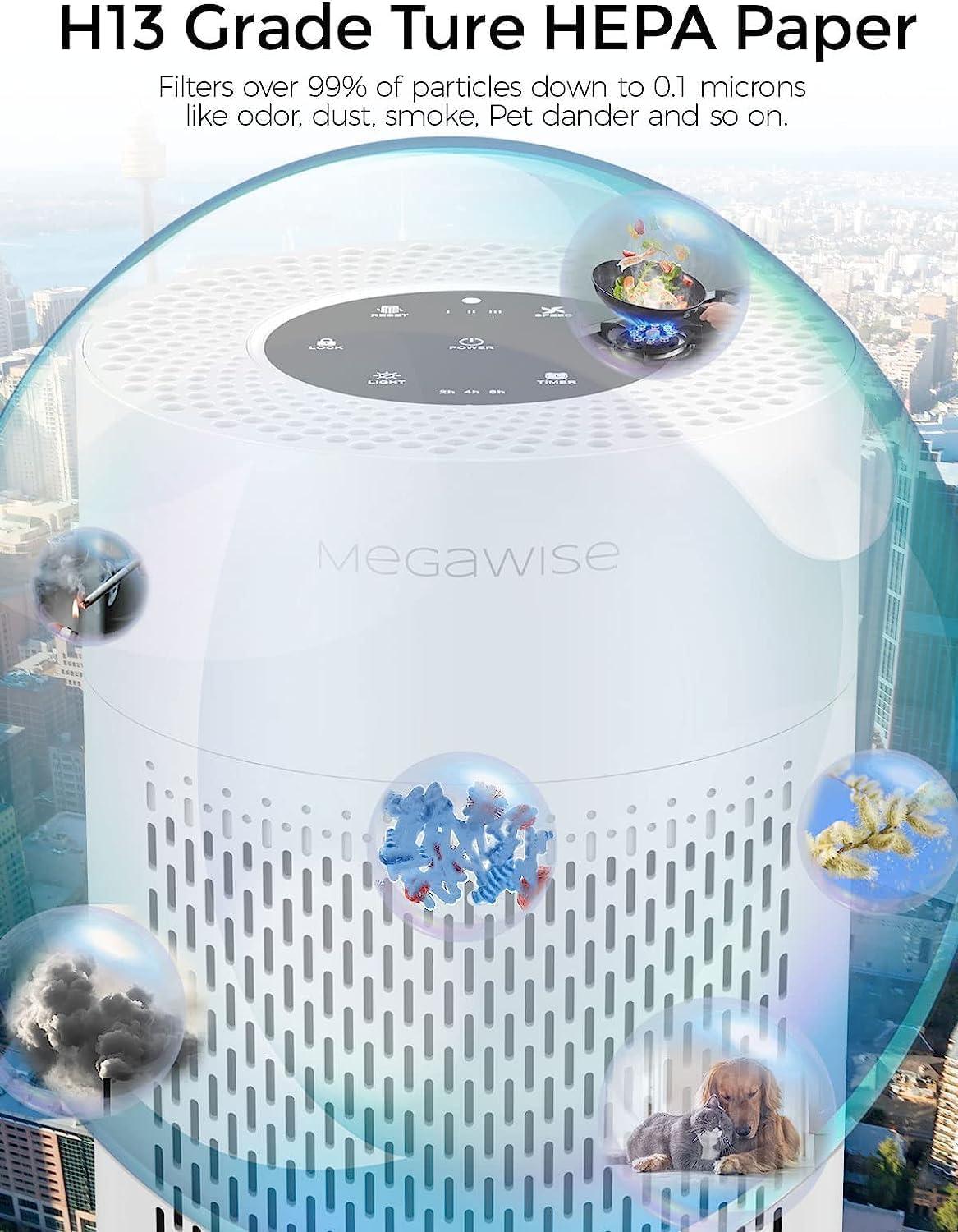 image:imageMEGAWISE 2025 Updated Version Smart Air Purifier for Home Large Room up to 1076ft H13 True HEPA Filter with Smart Air Quality Sensor Sleep Mode Quiet for Smoke Pets Hair Odors WhiteMedium
