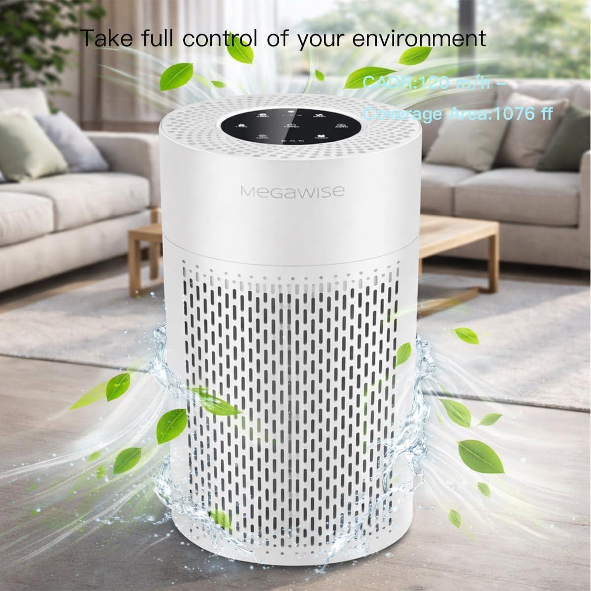 image:imageMEGAWISE 2025 Updated Version Smart Air Purifier for Home Large Room up to 1076ft H13 True HEPA Filter with Smart Air Quality Sensor Sleep Mode Quiet for Smoke Pets Hair Odors WhiteM
