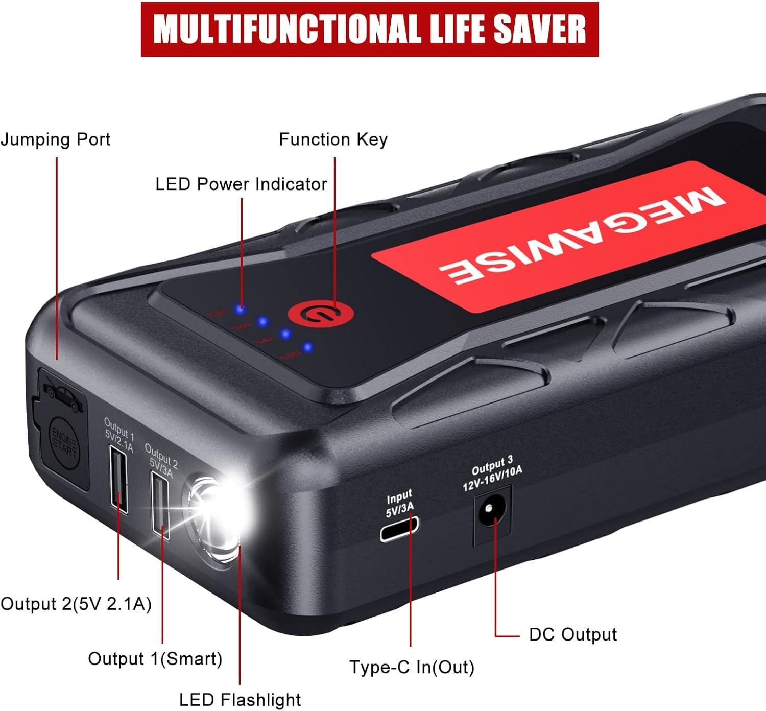 image:imageMEGAWISE 2500A Peak 21800mAh Car Battery Jump Starter up to 80L Gas65L Diesel Engines 12V Portable Power Pack Auto Battery Booster with Dual USB Outputs