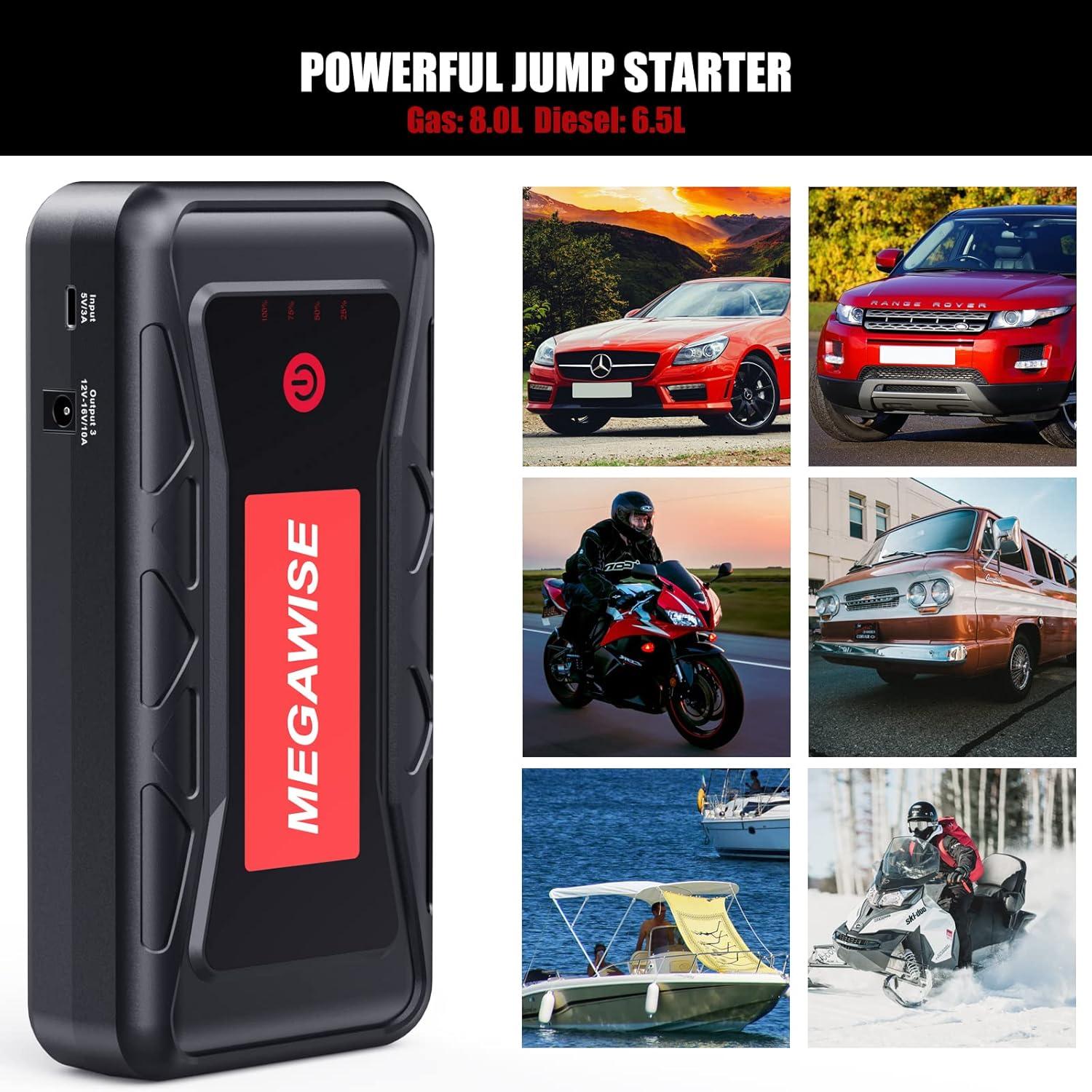 image:imageMEGAWISE 2500A Peak 21800mAh Car Battery Jump Starter up to 80L Gas65L Diesel Engines 12V Portable Power Pack Auto Battery Booster with Dual USB Outputs