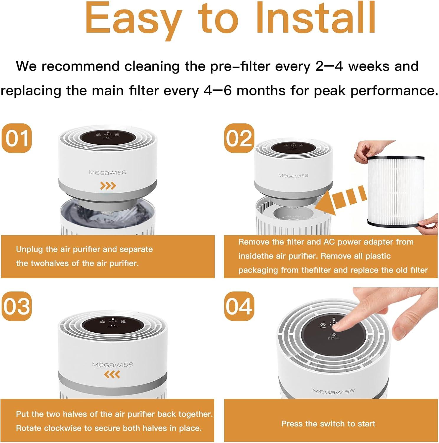image:imageMEGAWISE H13 HEPA Air Purifier for Home Bedroom amp Office 3Stage Filtration for Smoke Dust Pet Dander Quiet amp OzoneFreeWhite