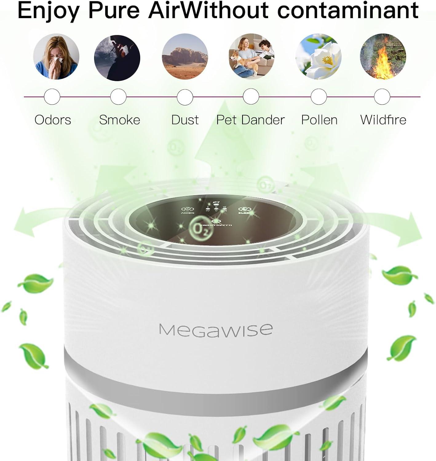 image:imageMEGAWISE H13 HEPA Air Purifier for Home Bedroom amp Office 3Stage Filtration for Smoke Dust Pet Dander Quiet amp OzoneFreeWhite