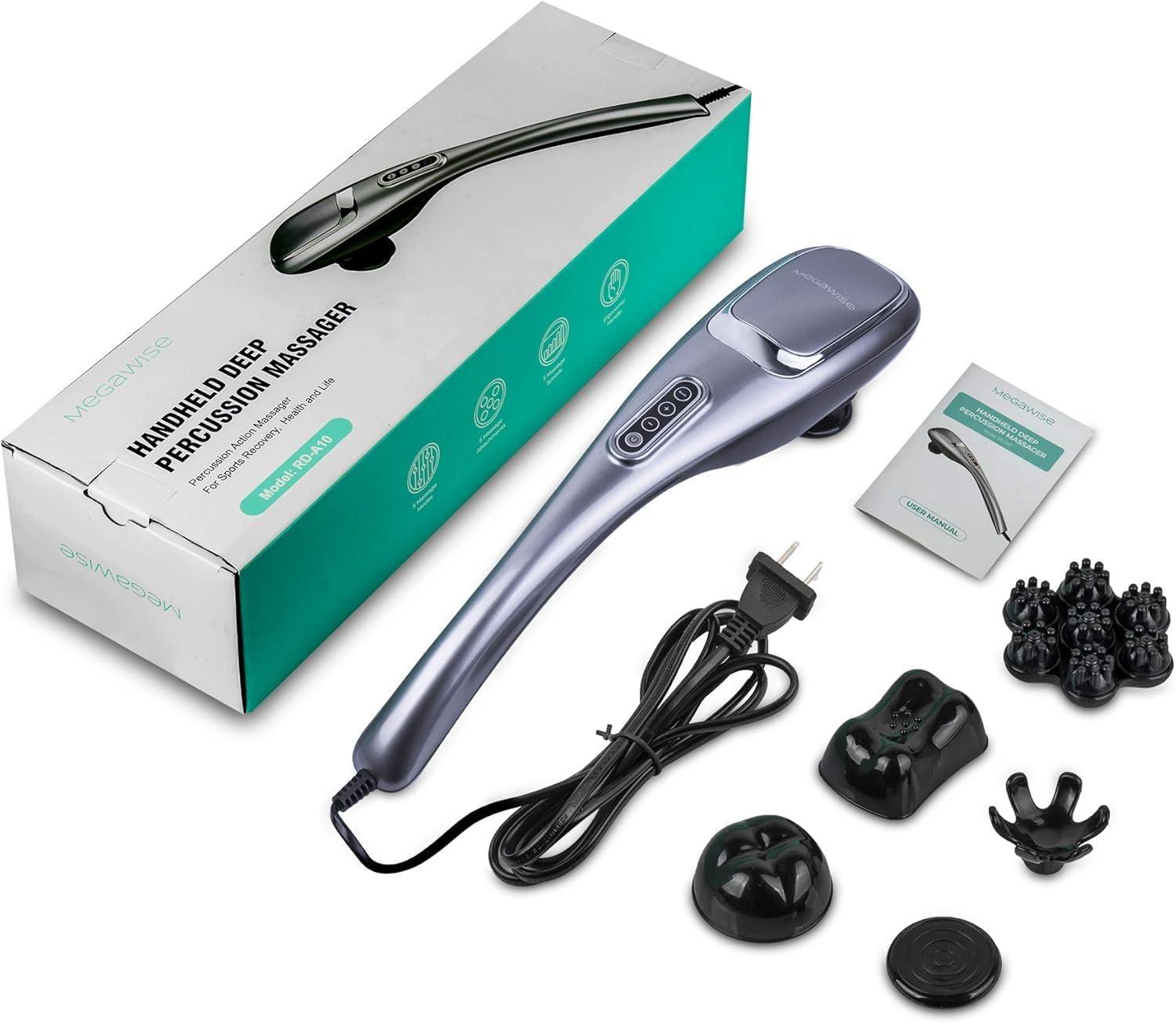 image:imageMEGAWISE Handheld Deep Tissue Neck Back Massager for Shoulders Waist Legs 3600 RPM Powerful Motor Electric Neck Massager with 5 Nodes amp 5 Speeds A Little HeavySilver