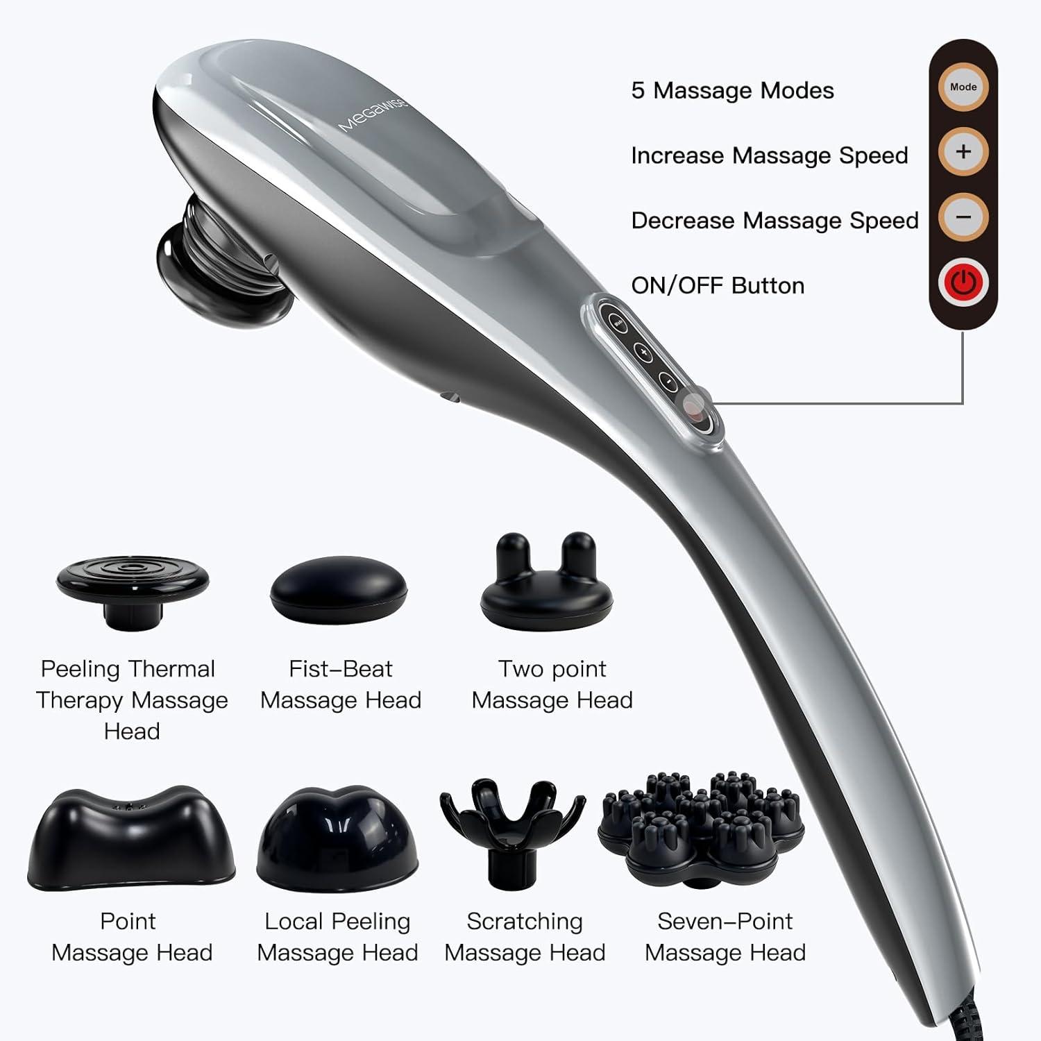 image:imageMEGAWISE Handheld Deep Tissue Neck Back Massager for Shoulders Waist Legs 3600 RPM Powerful Motor Electric Neck Massager with 5 Nodes amp 5 Speeds A Little HeavySilver