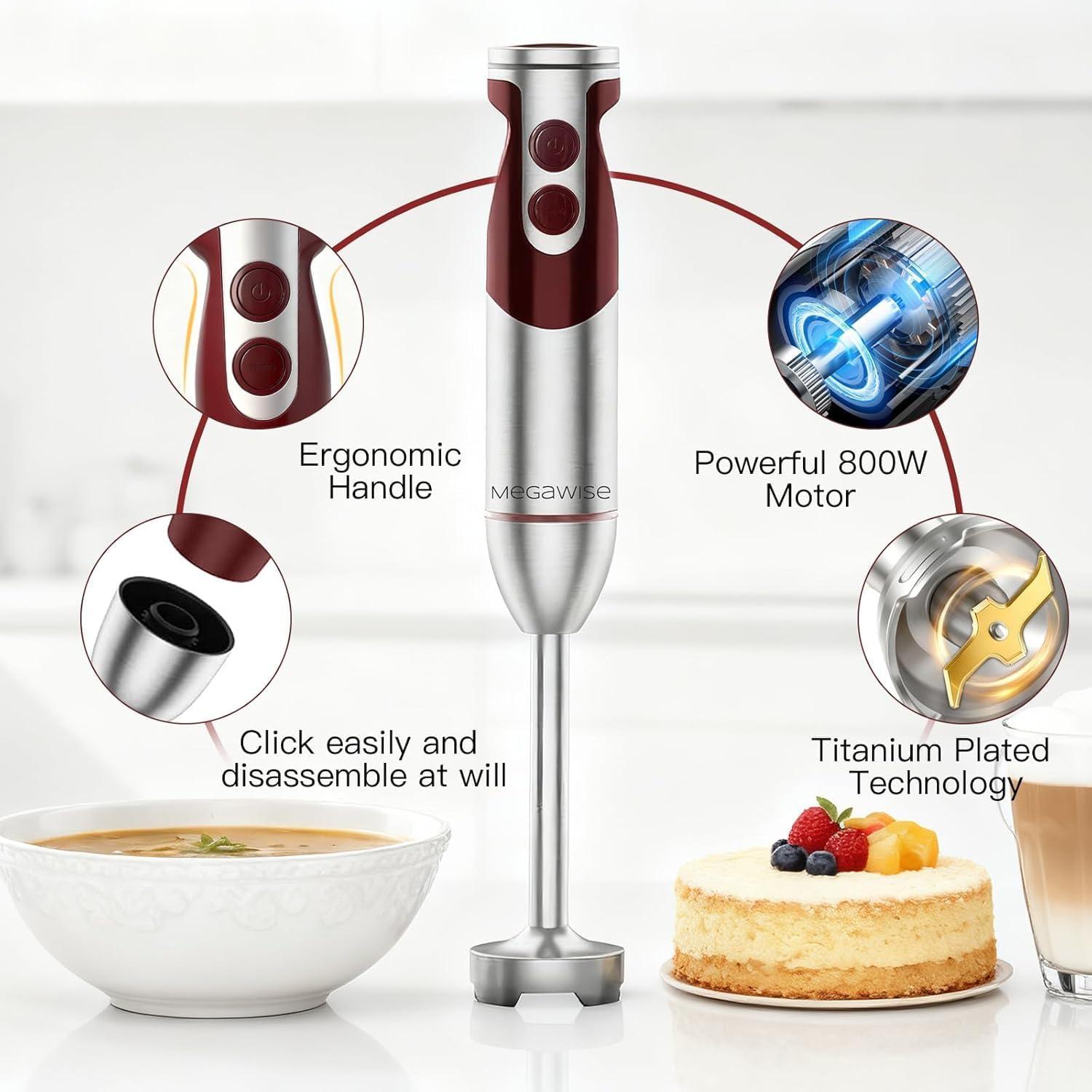 image:imageMegaWise 5in1 Immersion Hand Blender Titanium Reinforced Blades 80 Sharper 12Speed Powerful Stick Blender with 500ml Chopper 600ml Beaker Whisk amp Milk Frother for Smoothies Baby Food amp Soup3in 1 Red