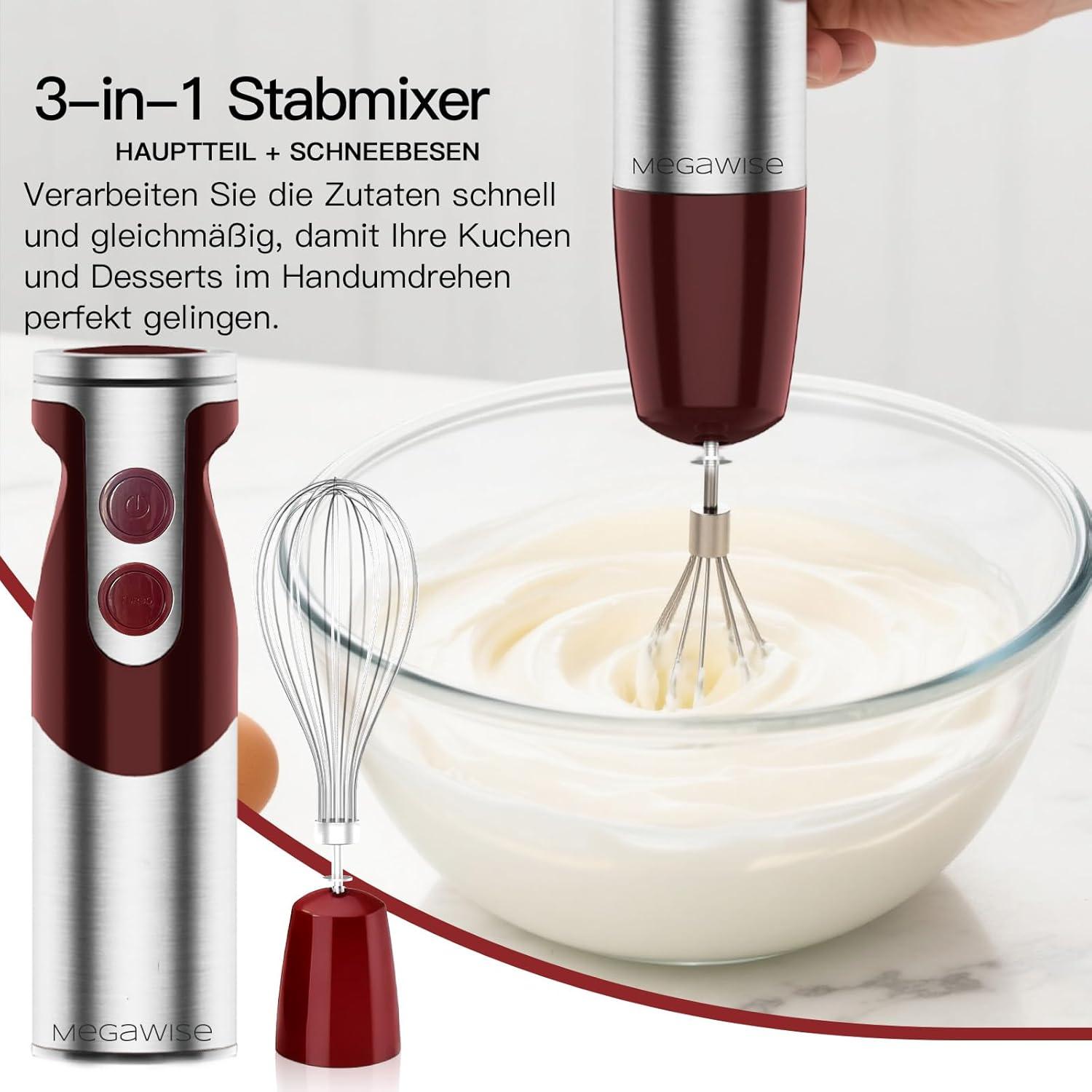 image:imageMegaWise 5in1 Immersion Hand Blender Titanium Reinforced Blades 80 Sharper 12Speed Powerful Stick Blender with 500ml Chopper 600ml Beaker Whisk amp Milk Frother for Smoothies Baby Food amp Soup3in 1 Red