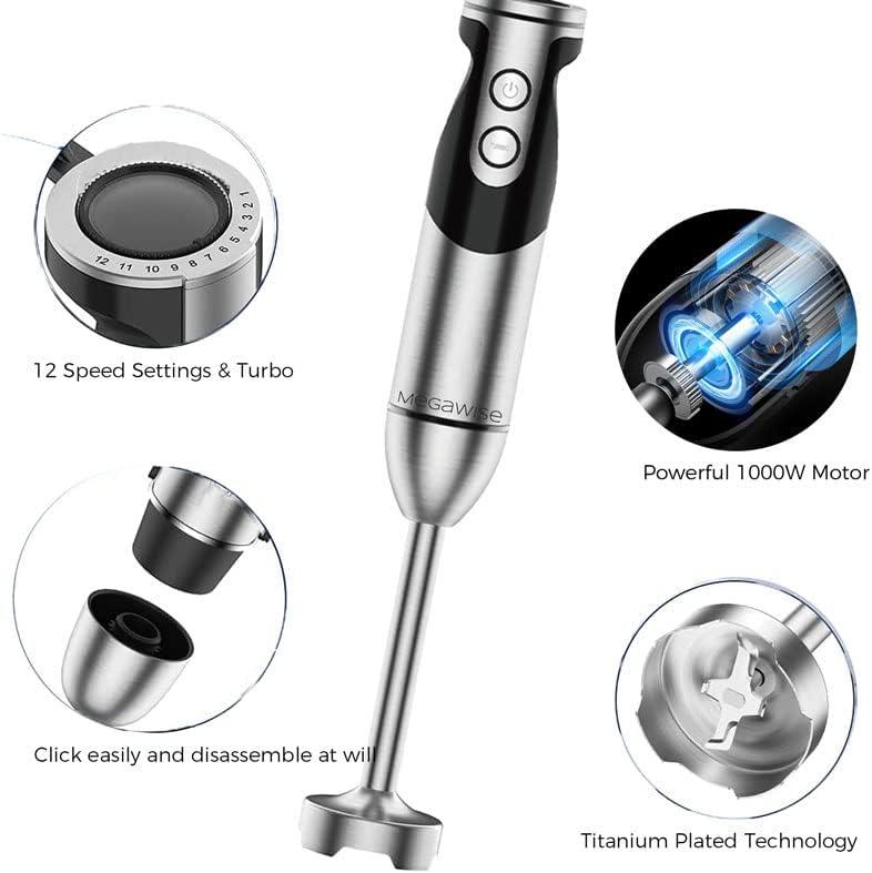image:imageMegaWise 5in1 Immersion Hand Blender Titanium Reinforced Blades 80 Sharper 12Speed Powerful Stick Blender with 500ml Chopper 600ml Beaker Whisk amp Milk Frother for Smoothies Baby Food amp Soup3in 1 Black