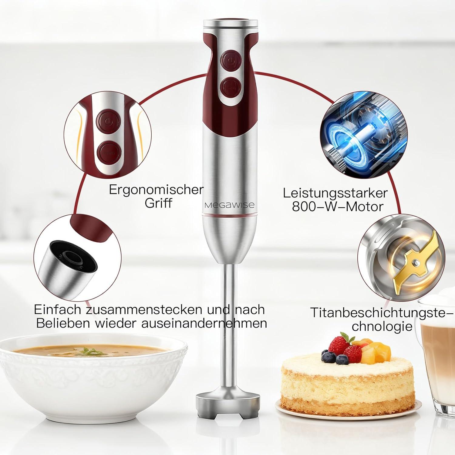 image:imageMegaWise 5in1 Immersion Hand Blender Titanium Reinforced Blades 80 Sharper 12Speed Powerful Stick Blender with 500ml Chopper 600ml Beaker Whisk amp Milk Frother for Smoothies Baby Food amp Soup3in 1 Red