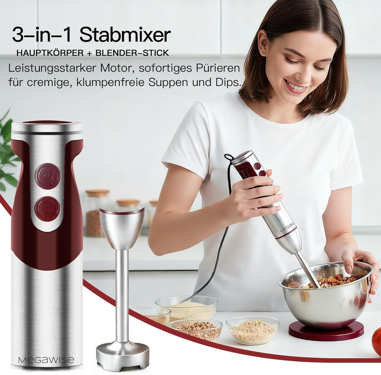 image:imageMegaWise 5in1 Immersion Hand Blender Titanium Reinforced Blades 80 Sharper 12Speed Powerful Stick Blender with 500ml Chopper 600ml Beaker Whisk amp Milk Frother for Smoothies Baby Food amp Soup3in 1 Red