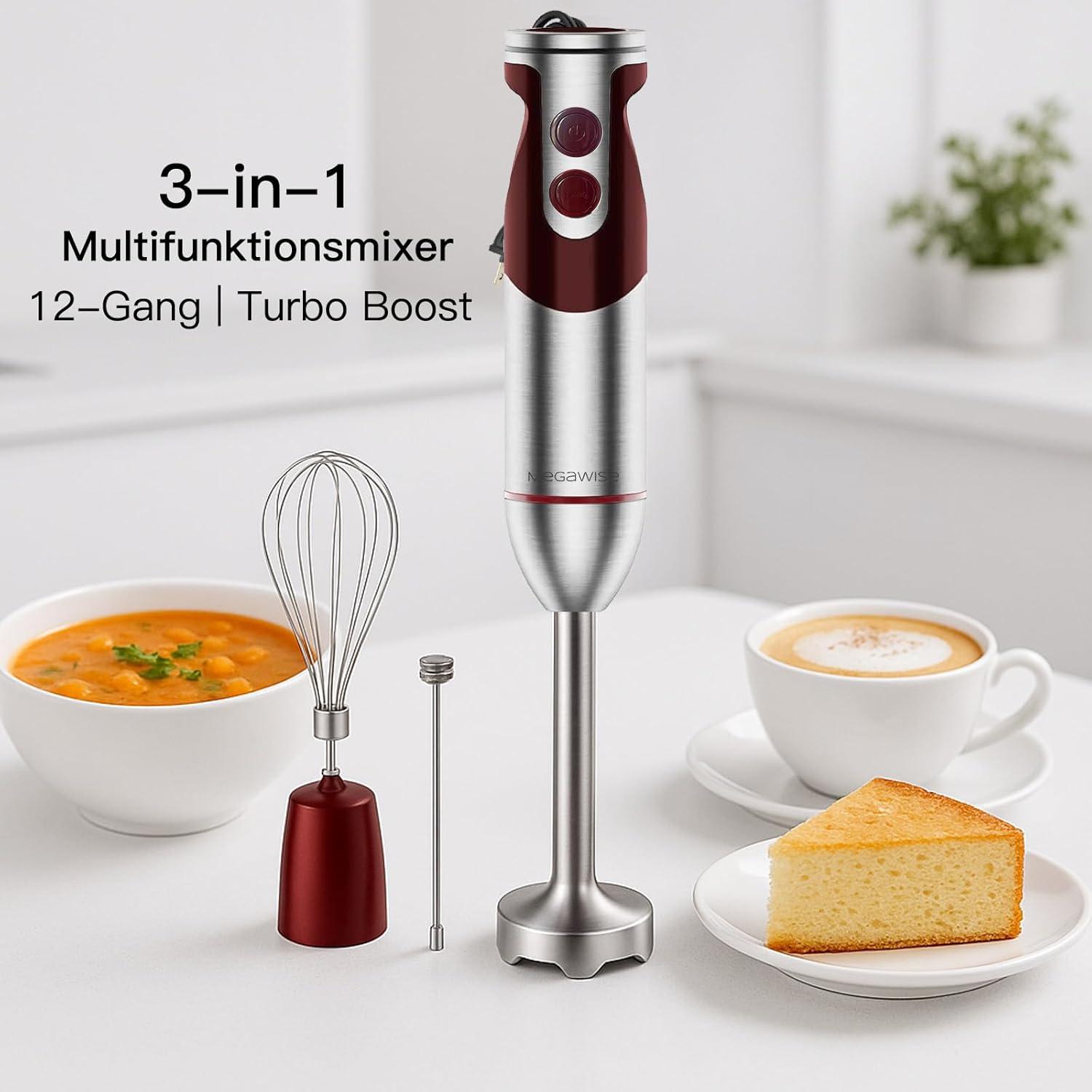 image:imageMegaWise 5in1 Immersion Hand Blender Titanium Reinforced Blades 80 Sharper 12Speed Powerful Stick Blender with 500ml Chopper 600ml Beaker Whisk amp Milk Frother for Smoothies Baby Food amp Soup3in 1 Red