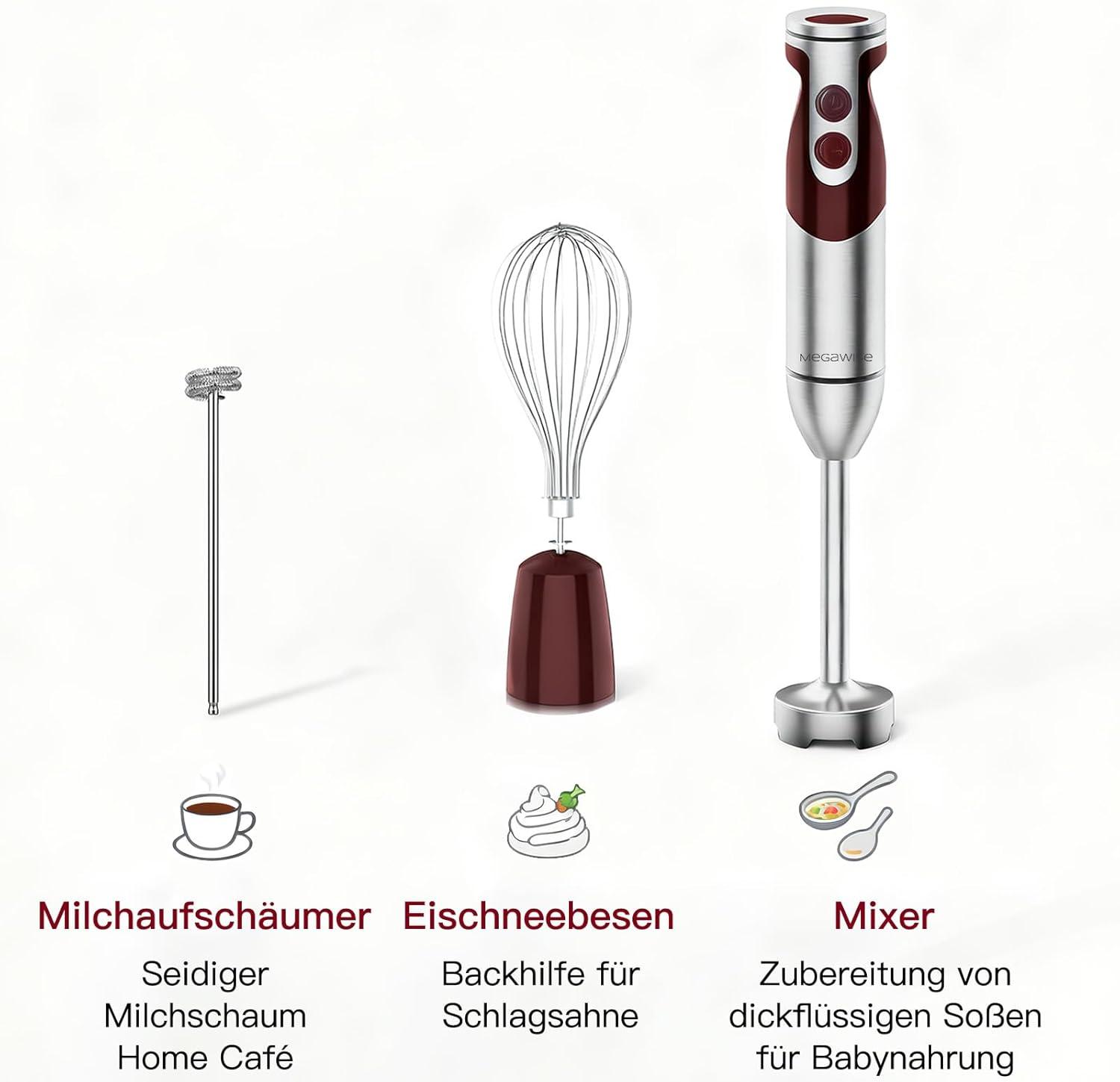 image:imageMegaWise 5in1 Immersion Hand Blender Titanium Reinforced Blades 80 Sharper 12Speed Powerful Stick Blender with 500ml Chopper 600ml Beaker Whisk amp Milk Frother for Smoothies Baby Food amp Soup3in 1 Red