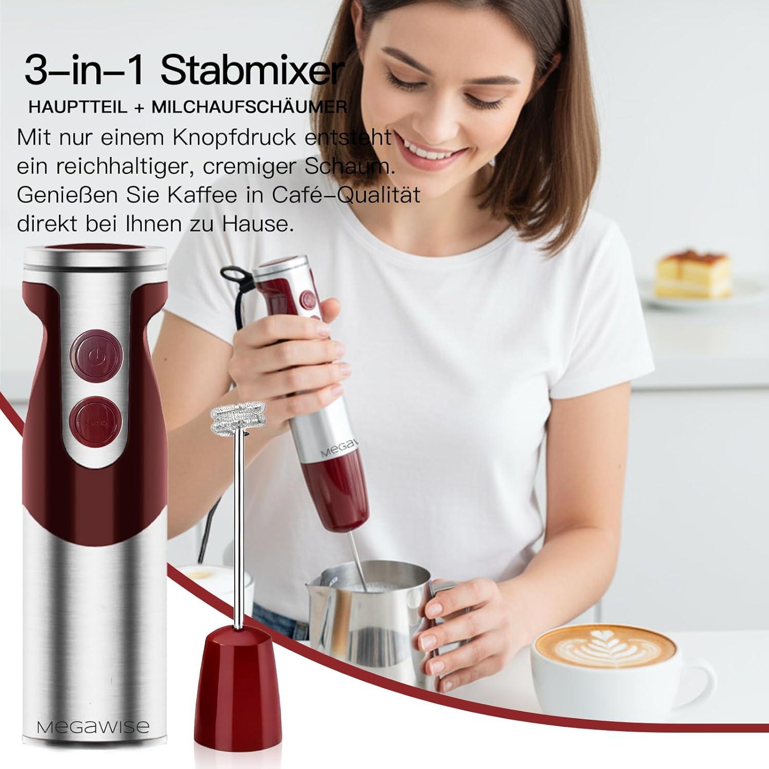 image:imageMegaWise 5in1 Immersion Hand Blender Titanium Reinforced Blades 80 Sharper 12Speed Powerful Stick Blender with 500ml Chopper 600ml Beaker Whisk amp Milk Frother for Smoothies Baby Food amp Soup3in 1 Red