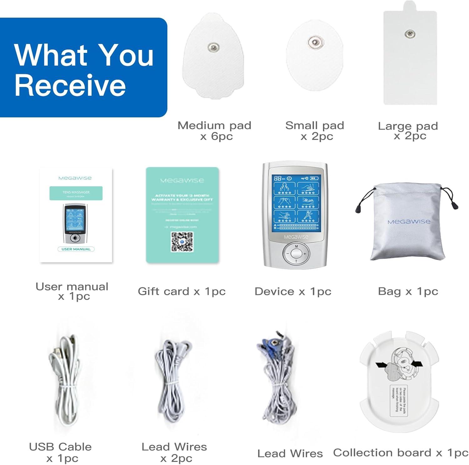 image:imageMegaWise EMS TENS Unit 24 Modes with 14 Premium Pads Dual Channel Muscle Stimulator for Back Pain Relief Therapy Home Use Ideal Gift for Mum and DadSilver