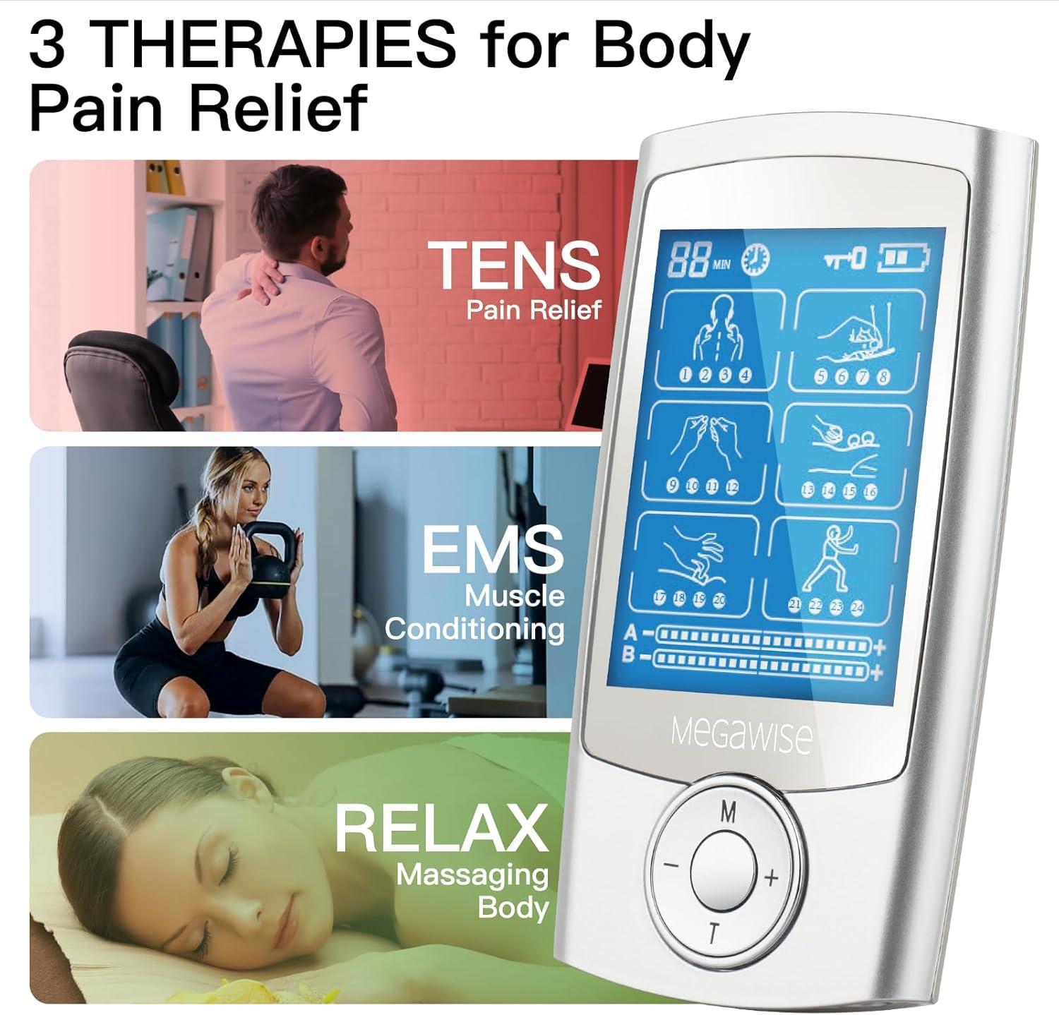 image:imageMegaWise EMS TENS Unit 24 Modes with 14 Premium Pads Dual Channel Muscle Stimulator for Back Pain Relief Therapy Home Use Ideal Gift for Mum and DadSilver