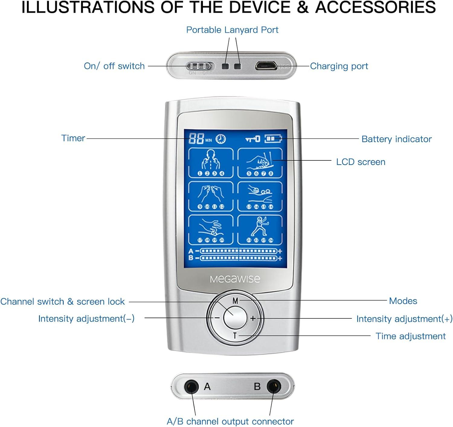 image:imageMegaWise EMS TENS Unit 24 Modes with 14 Premium Pads Dual Channel Muscle Stimulator for Back Pain Relief Therapy Home Use Ideal Gift for Mum and DadSilver
