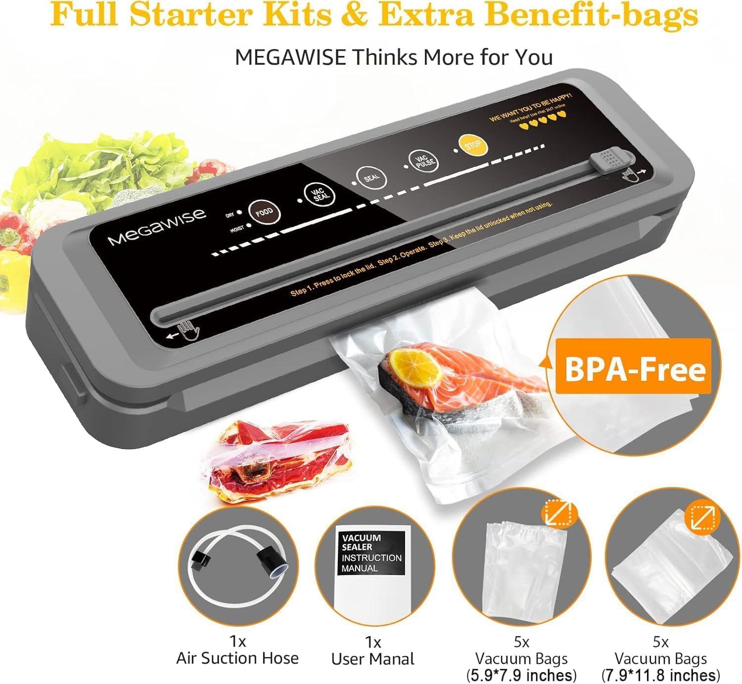 image:imageMegaWise Vacuum Sealer Machine 80kPa Suction Power Bags and Cutter Included Compact OneTouch Automatic Food Sealer with External Vacuum System Dry Moist Fresh Modes for All Saving needsBlack