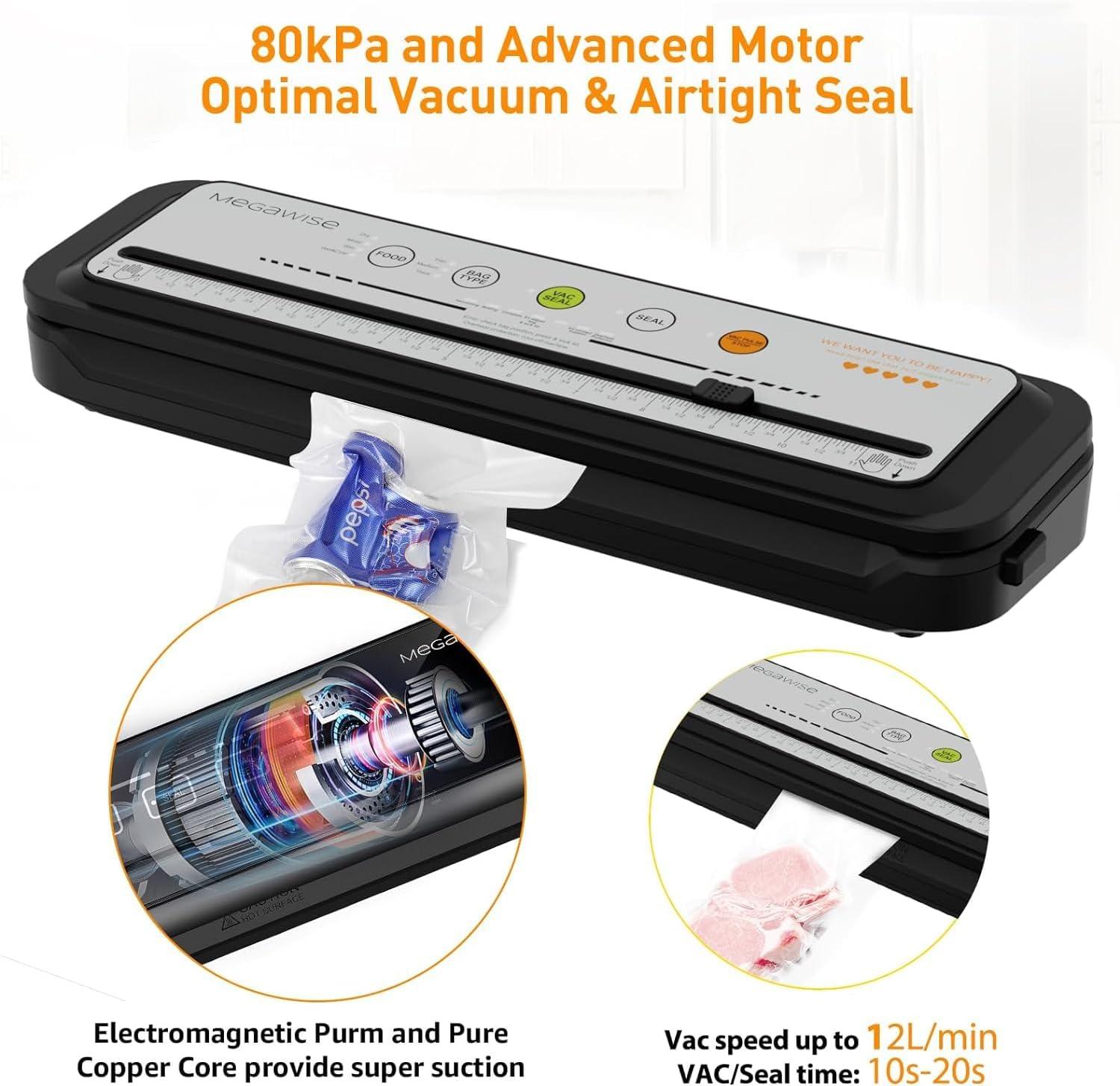 image:imageMegaWise Vacuum Sealer Machine 80kPa Suction Power Bags and Cutter Included Compact OneTouch Automatic Food Sealer with External Vacuum System Dry Moist Fresh Modes for All Saving needsGrey