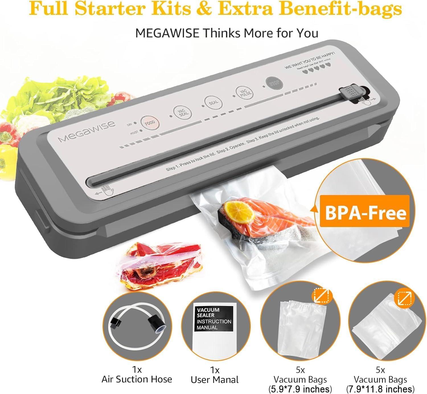 image:imageMegaWise Vacuum Sealer Machine 80kPa Suction Power Bags and Cutter Included Compact OneTouch Automatic Food Sealer with External Vacuum System Dry Moist Fresh Modes for All Saving needsSilver
