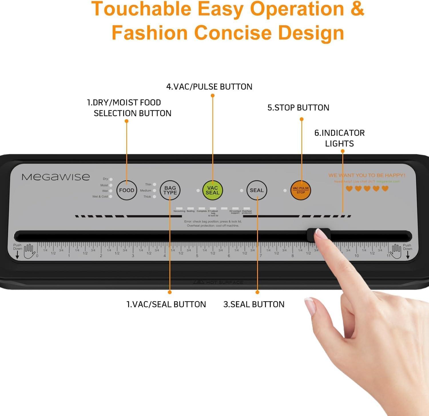image:imageMegaWise Vacuum Sealer Machine 80kPa Suction Power Bags and Cutter Included Compact OneTouch Automatic Food Sealer with External Vacuum System Dry Moist Fresh Modes for All Saving needsGrey