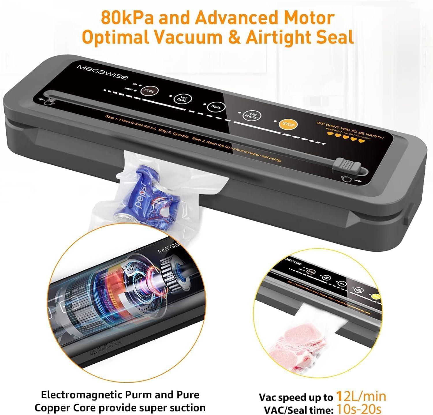 image:imageMegaWise Vacuum Sealer Machine 80kPa Suction Power Bags and Cutter Included Compact OneTouch Automatic Food Sealer with External Vacuum System Dry Moist Fresh Modes for All Saving needsBlack