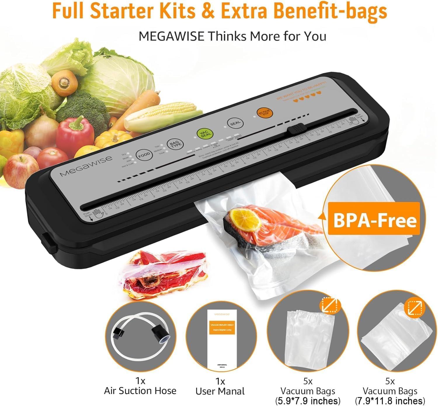 image:imageMegaWise Vacuum Sealer Machine 80kPa Suction Power Bags and Cutter Included Compact OneTouch Automatic Food Sealer with External Vacuum System Dry Moist Fresh Modes for All Saving needsGrey