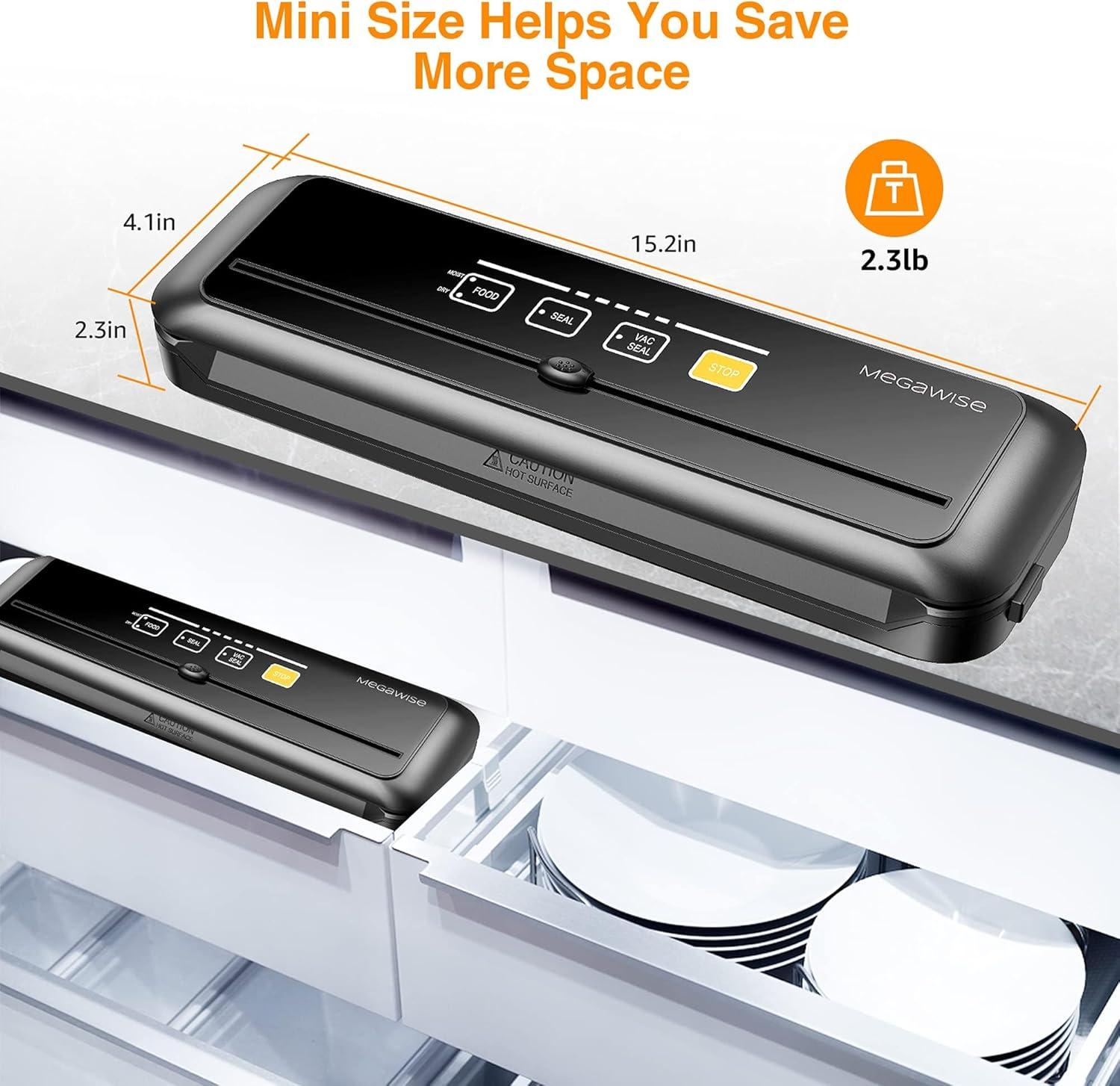 image:imageMegaWise Vacuum Sealer Machine 80kPa Suction Power Bags and Cutter Included Compact OneTouch Automatic Food Sealer with External Vacuum System Dry Moist Fresh Modes for All Saving needsBlack