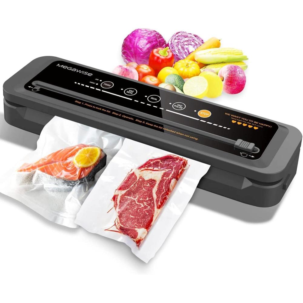 image:imageMegaWise Vacuum Sealer Machine 80kPa Suction Power Bags and Cutter Included Compact OneTouch Automatic Food Sealer with External Vacuum System Dry Moist Fresh Modes for All Saving needsBlack